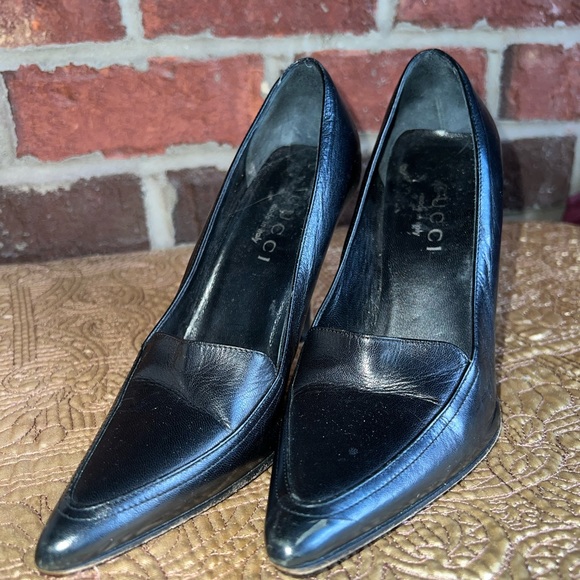 Y2K Vintage Gucci “loafer stilettos “👠 Black leather with a wooden heel - Picture 14 of 15